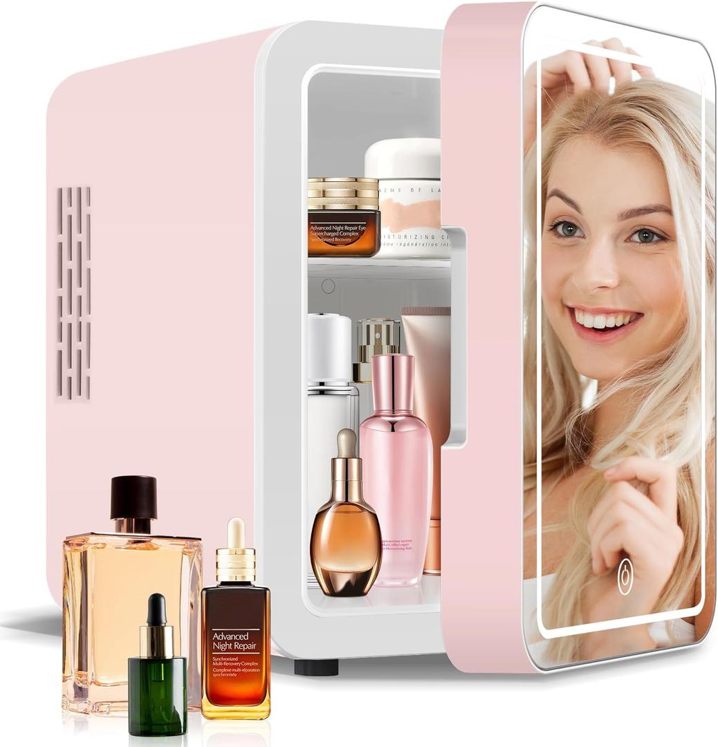 4-Liter Pink Portable Mini Fridge for Skincare Beauty Cosmetic Makeup With Mirrored Door and Dimmable LED Light