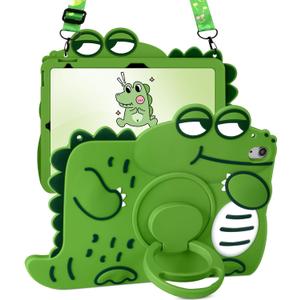 For iPad 10th Generation Case 10.9 Inch Girls Cute Girls Boys Kawaii Cover Girly 3D Cartoon Women with Rotating Handle Stand & Strap Soft Silicon Green Funda for Apple iPad 10th Gen Cases