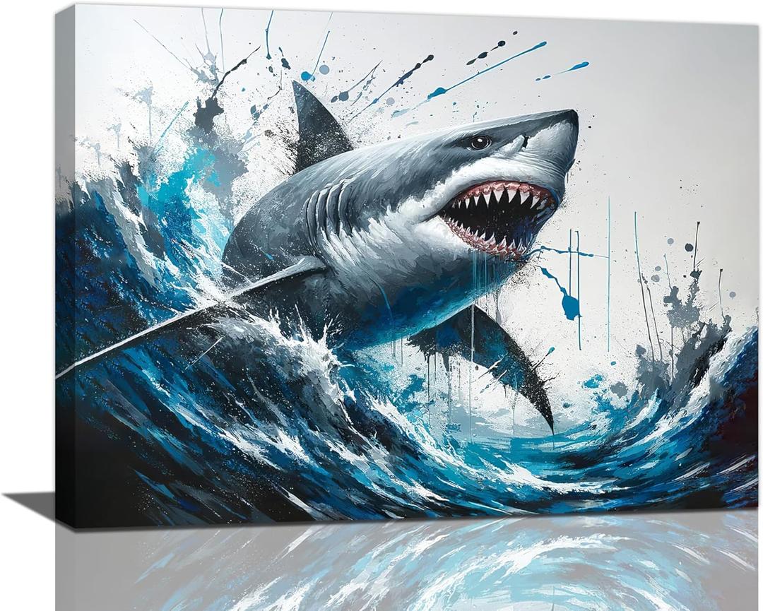 Shark Wall Art Ocean Pictures Sea Room Decor Navy Nautical Canvas Prints Modern Home Artwork Decorations Framed for Bedroom Bathroom Living Room Office 16 x 12 inch