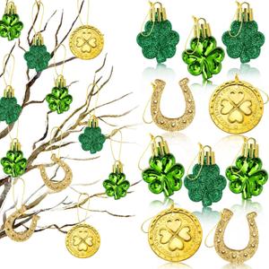 St. Patricks Day Decorations Shamrock Ornaments - 48pcs Shamrock Clover Gold Coins Horseshoe Tree Ornaments for Spring Lucky Irish Day St Patrick's Day Home Table Tree Party Hanging Decorations