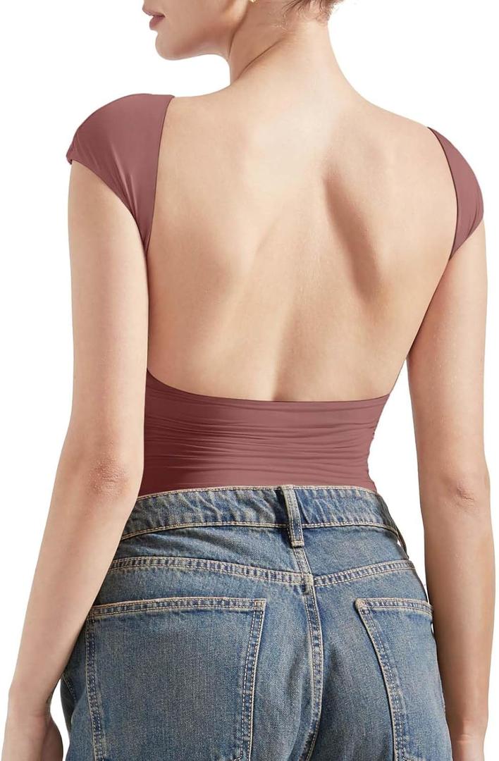 SUUKSESS Women Backless Sexy Going Out Tops Double Lined Open Back Y2k Basic Tee Shirts (Medium, Marsala)