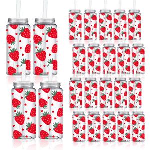 Whaline 20 Pcs Strawberry Plastic Cups with Lids and Straws Clear Reusable Party Drinking Cups for Summer Wedding Baby Shower Birthday Party Supplies