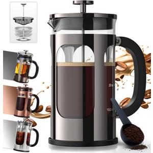 BAYKA French Press Coffee Maker 34 Ounce 1 Liter, Borosilicate Glass Stainless Steel Brewer, Large Portable Cold Brew Cafetera Teapot for Kitchen Travel Camping Coffee Bar Accessories, Dark Pewter