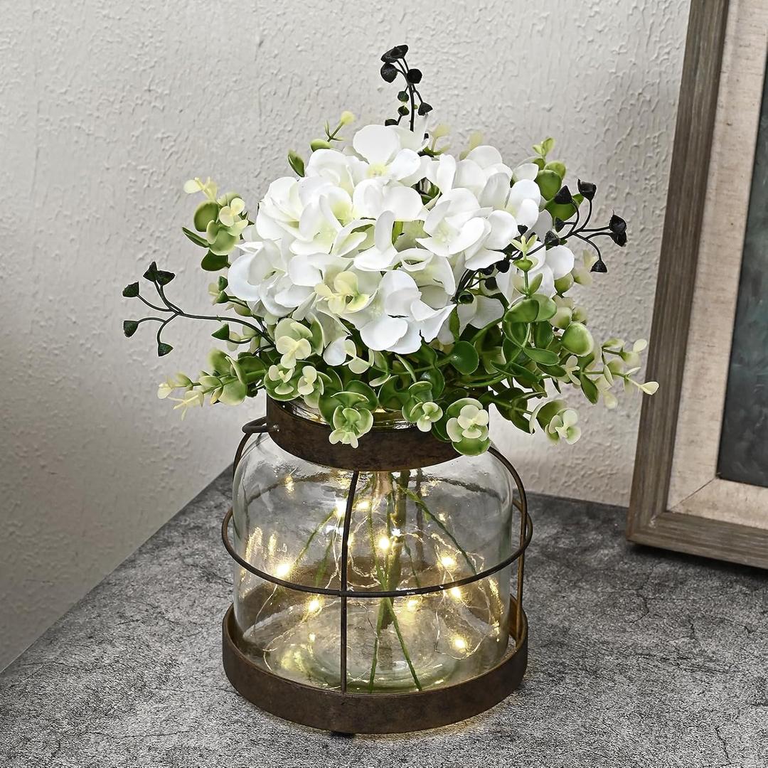 Farmhouse Glass Lantern Vase Vintage Flower Vases with Plants Hydrangea Lights Rustic Floral Arrangement Centerpieces Home Decor Hostess Housewarming Gift