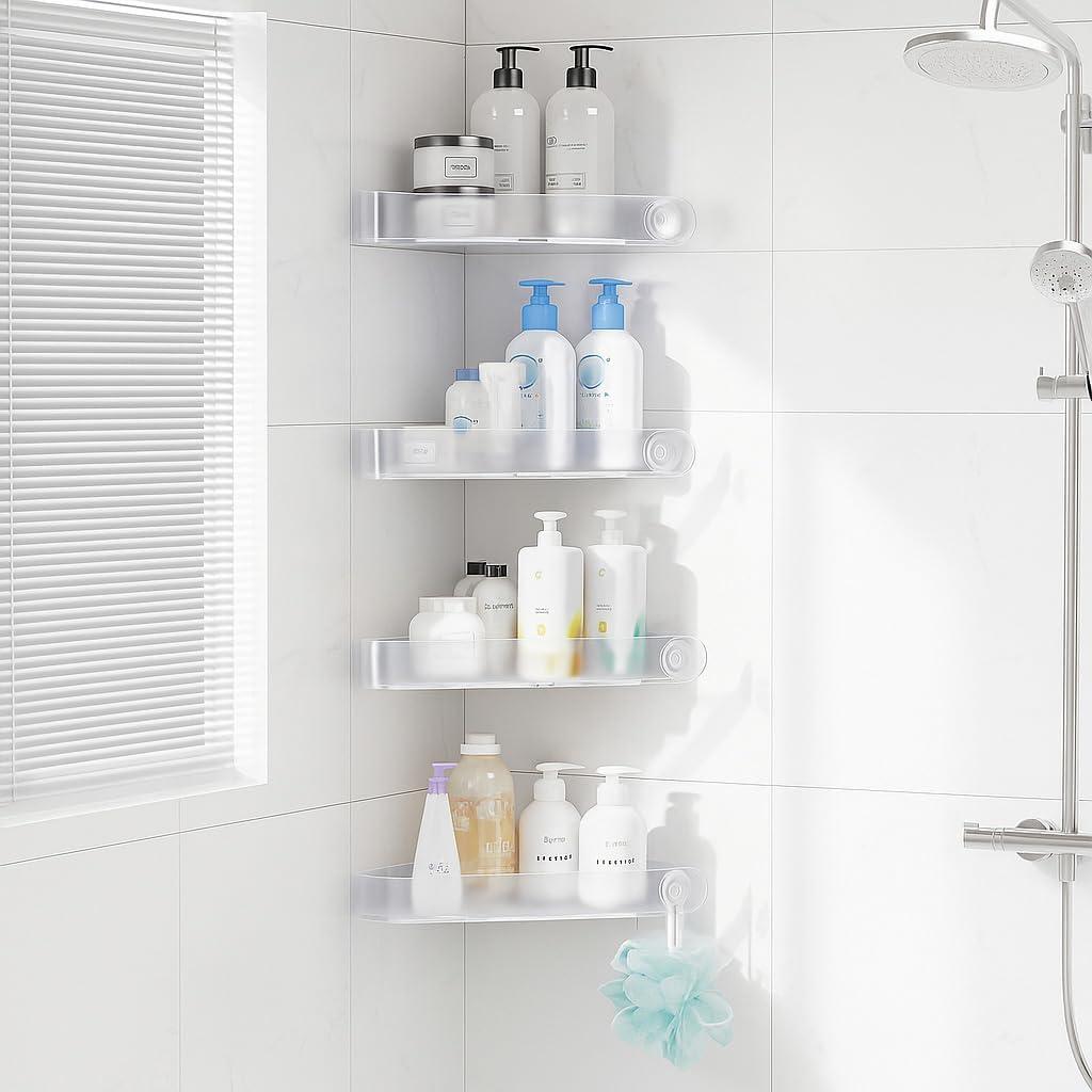 Sotfamily Plastic Shower Caddy Corner (for 90° Only), 4 Pack Adhesive Corner Shower Shelves for Bathroom Organizers and Storage, Frosted Clear