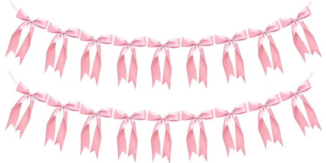 2pcs Bow Garland Banner Ribbon Bow Party Decorations for Baby Shower Decor Tying The Knot Girls Bow Coquette Birthday Party Decoration (Pink