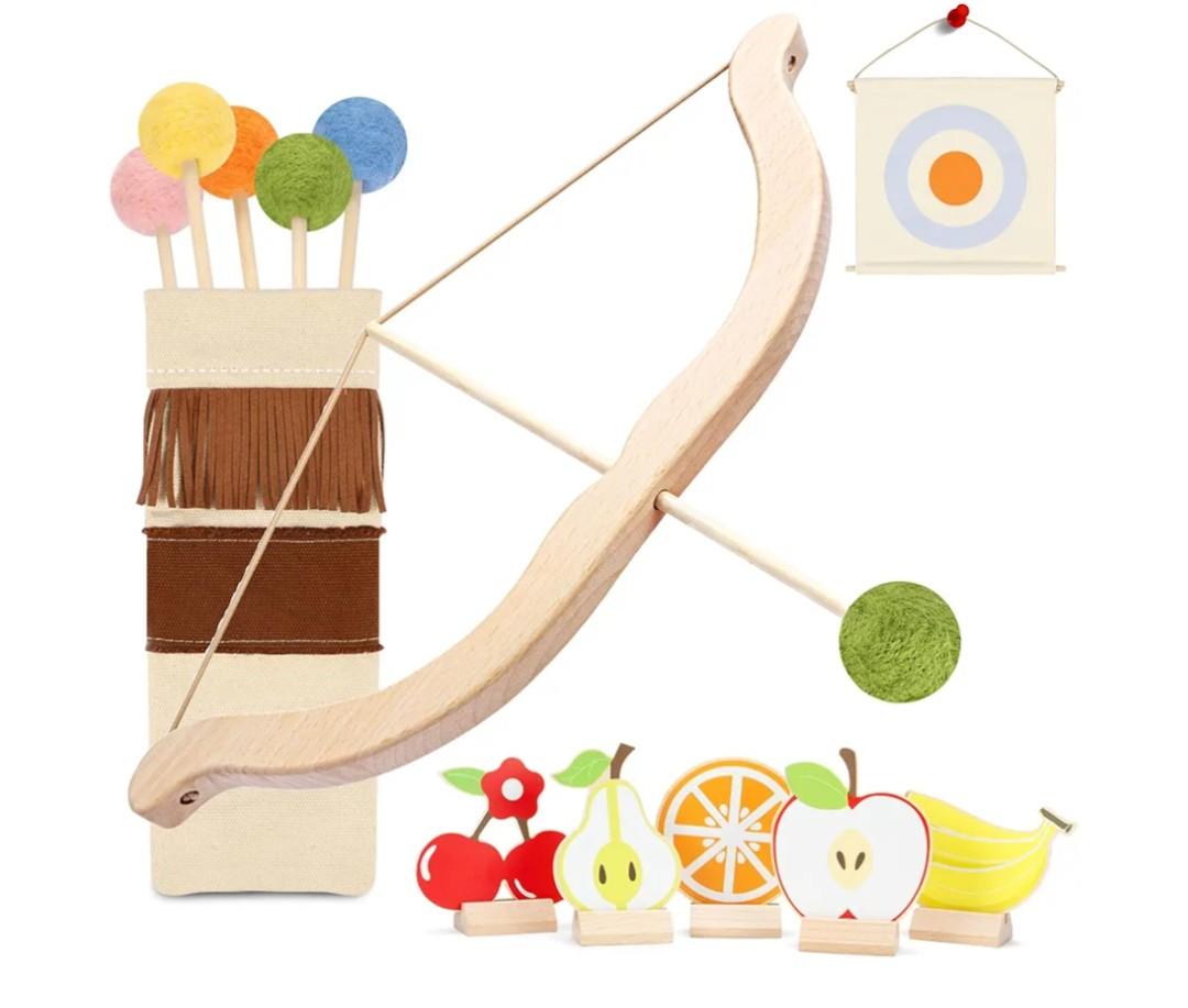 Wooden Kids Bow and Arrow Set - Safe for Ages 3+, Indoor & Outdoor Archery Gift Toys for Children, Boys & Girls, Includes 5 Arrows, 5 Fruit Targets, 1 Cotton Quiver