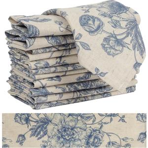 Blue Floral Cloth Napkins Set of 12, Vintage Linen Cotton Dinner Napkins 15x15 Inch - Reusable, Cottagecore Aesthetic Party Decorative Napkin Towels for Everyday Use, Weddings, and Holiday