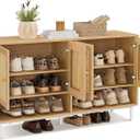 VASAGLE Natural Rattan 3-Tier Shoe Cabinet, 24 Pair Shoe Storage Cabinet, Boho Style Shoe Organizer with Height-Adjustable Shelves and Steel Legs, for Entryway, Closet, Hallway, Oak Beige ULBC050N01