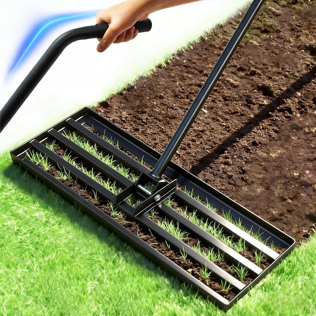 Lawn Leveling Rake, 30" x 10" Stainless Steel Head, Ergonomic Bent Handle, Level Soil & Sand, 6ft Long Handle for Yard, Garden, Sports Field