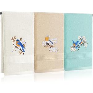 Tingjoo Bird Floral Hand Towels Farmhouse White Light Brown Turquoise Bird Bathroom Decor 14x29 Inch Embroidered Decorative Cute Spring Summer Cotton Soft Absorbent Hand Towels for Bathroom Kitchen