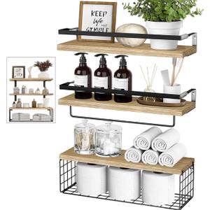 Towel Racks for Bathroom Wall Mounted, 3PCS Floating Shelves with Storage Basket, Bathroom Organizes, Wall Mounted Rustic Wood Shelves for Bedroom, Living Room, Kitchen (Wood)