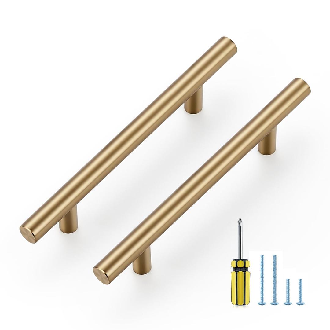 Ravinte 5 Pack Kitchen Cabinet Handles Champagne Bronze 4 Inch Hole Center Stainless Steel Pulls for Dresser Drawer Cupboard Handles with Screwdriver, 6-3/8 Inch Length