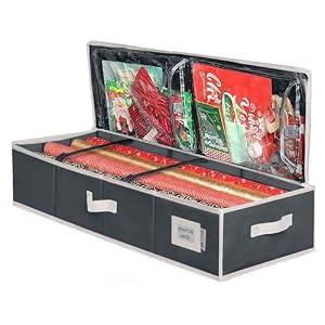 HOLDN' STORAGE Premium Wrapping Paper Storage Container - Durable 600D Tear-Proof, Fits 27 Rolls Gift Wrap, Extra Pockets for Ribbons & Bows, Underbed Storage - Ideal for Holiday Christmas, Black/ White Trim