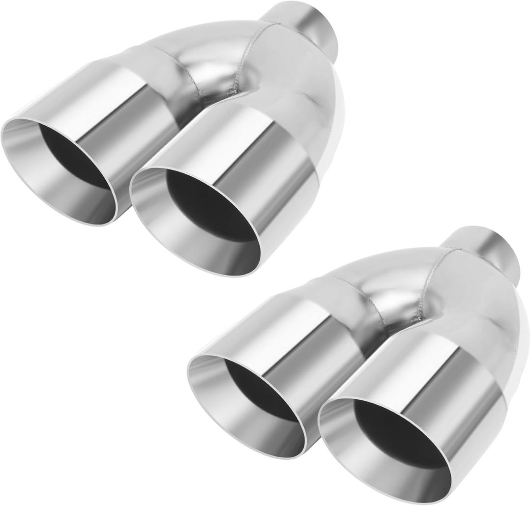 LCGP 2.5 Inch Dual Exhaust Tip, 2.5" Inlet 4" Outlet 9.5" Length, Polished Stainless Exhaust Tip, Double Wall Weld-on Angle Cut, Tailpipe for Car Truck, 2 Pcs
