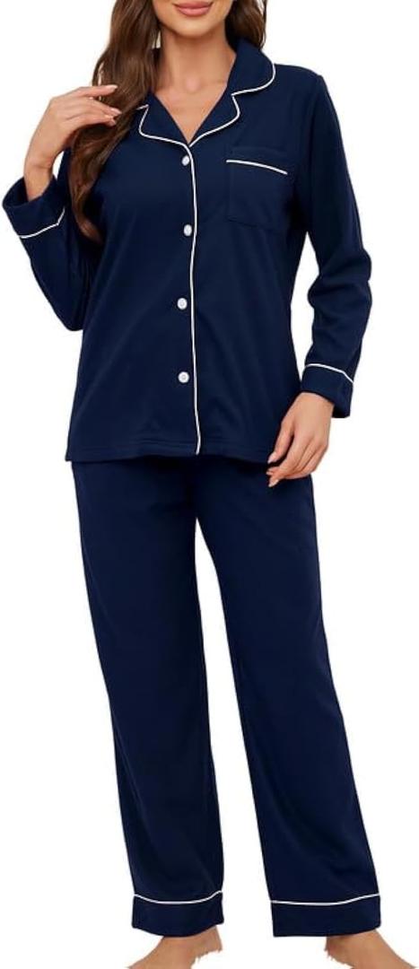 U2SKIIN Womens Button Up Pajama Sets Soft Long Sleeve Pajamas for Women Warm Flannel Knit Lounge Sets (Small, Navy)