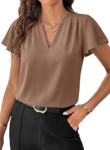 EVALESS Womens Tops Dressy Casual Summer Ruffle Short Sleeve Pleated V Neck Work Business Blouses Trendy 2026 Dark Khaki 2XL