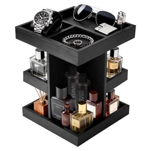 DHLANROY Cologne Organizer for Men, 3-Tier Rotating Perfume Stand - Large Capacity Wooden Display Shelf & Storage for Fragrance, Watch, Sunglasses - Modern Desk, Dresser Top, Bathroom Organizer - Birthday Anniversary Ideal Gift for Husband, Boyfriend