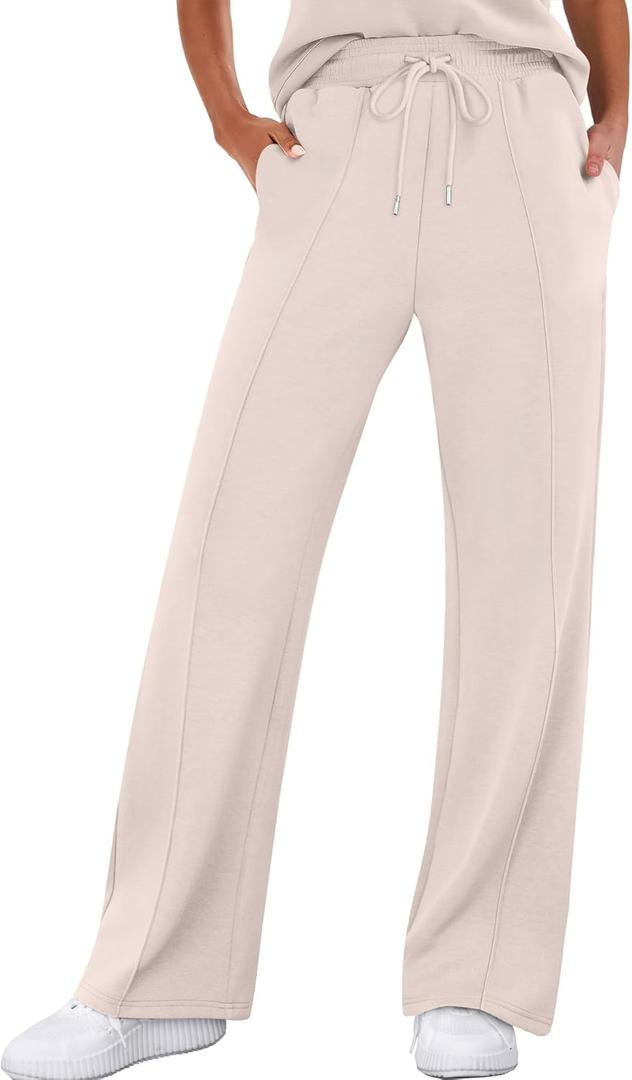 ANRABESS Women's Wide Leg Sweatpants High Waist Baggy Flared Pants Drawstring Athletic Joggers Sweat Pants (Small, Light Apricot)