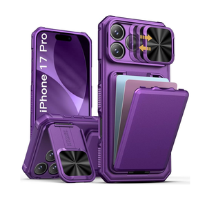 SSLOTSCASE for iPhone 17 Pro Case with Card Holder & Sliding Camera Lens Cover & Hidden Kickstand & Camera Stand & Wallet, Silicone Edge Durable Protective Case Cover for iPhone 17 Pro 5G, Dark Purple
