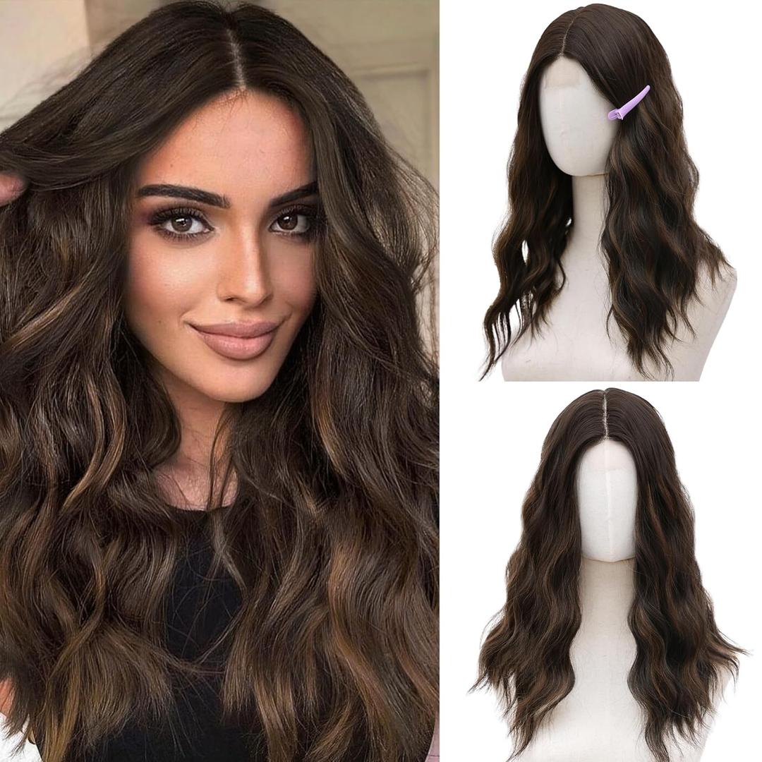 Brunette Highlight Wig 18 Inch Medium Length Wigs for Women Middle Part Synthetic Hair Wavy Wig with Upgraded Strands, Natural Hair Wigs for Daily Party/Halloween Use 18Inch,Brunette Highlight
