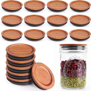 12-Pack Wide Mouth Mason Jar Lids - 3.3inch Acacia Wood Tops with Airtight Silicone Seal, Storage Canning Jar Lids, Reusable & Dishwasher Safe