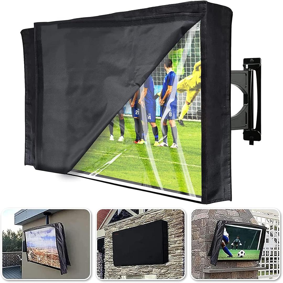 Outdoor TV Cover 55-58 Inch with Clear Scratch Resistant Front Flap + Bottom Cover, HOMEYA 600D Weatherproof & Waterproof TV Screen Protector, Fits Most TV Mounts Stands with Remote Controller Pocket