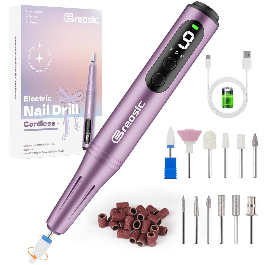 Electric Nail Drill Professional 35000RPM,Rechargeable Electric Nail File Cordless with 9-Speed & LED Display,12-in-1 Portable Manicure Pedicure kit for Acrylic Gel Dip Powder Nails (Purple)