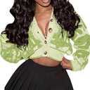 Cardigan Sweater for Women Colorblock Button Down V Neck Knit Sweater Cardigan Loose Short Coat Shrug Outerwear (Green,Large)