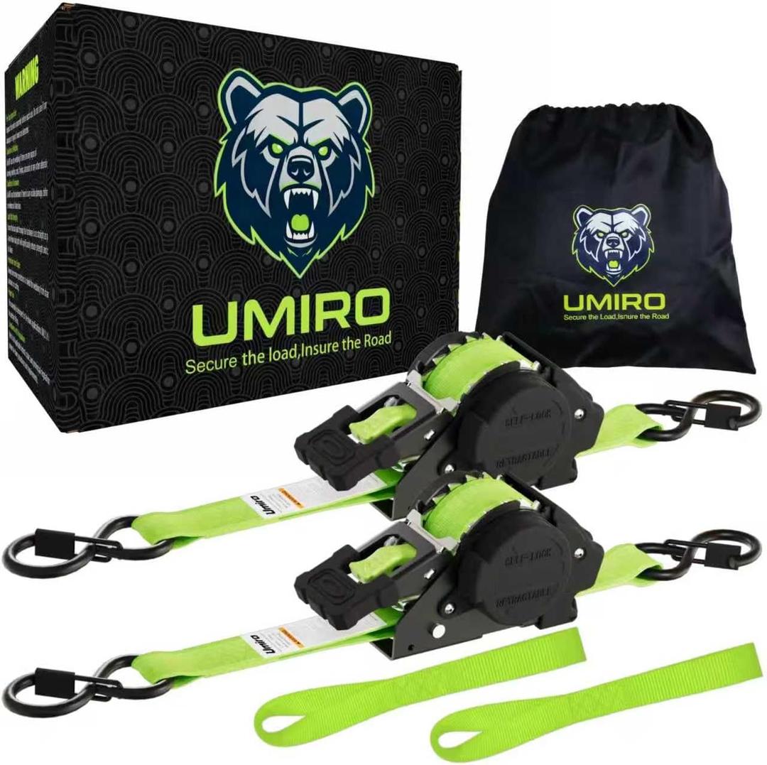 Retractable Ratchet Straps 1 Inch x 12 Feet Heavy Duty Tie Downs Auto Retract Strap 1760lb Break Strength,Self Retracting for Truck,Cargo,Trailer,Motorcycle,ATV,UTV (Fluorescent Green,2 Pack)