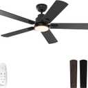 warmiplanet 52 Inch Indoor Ceiling Fans with Lights and Remote Control, 6 Speeds Slient Reversible DC Motor, 3 Color Dimmable LED Light, Timer, Black, 5 Blades