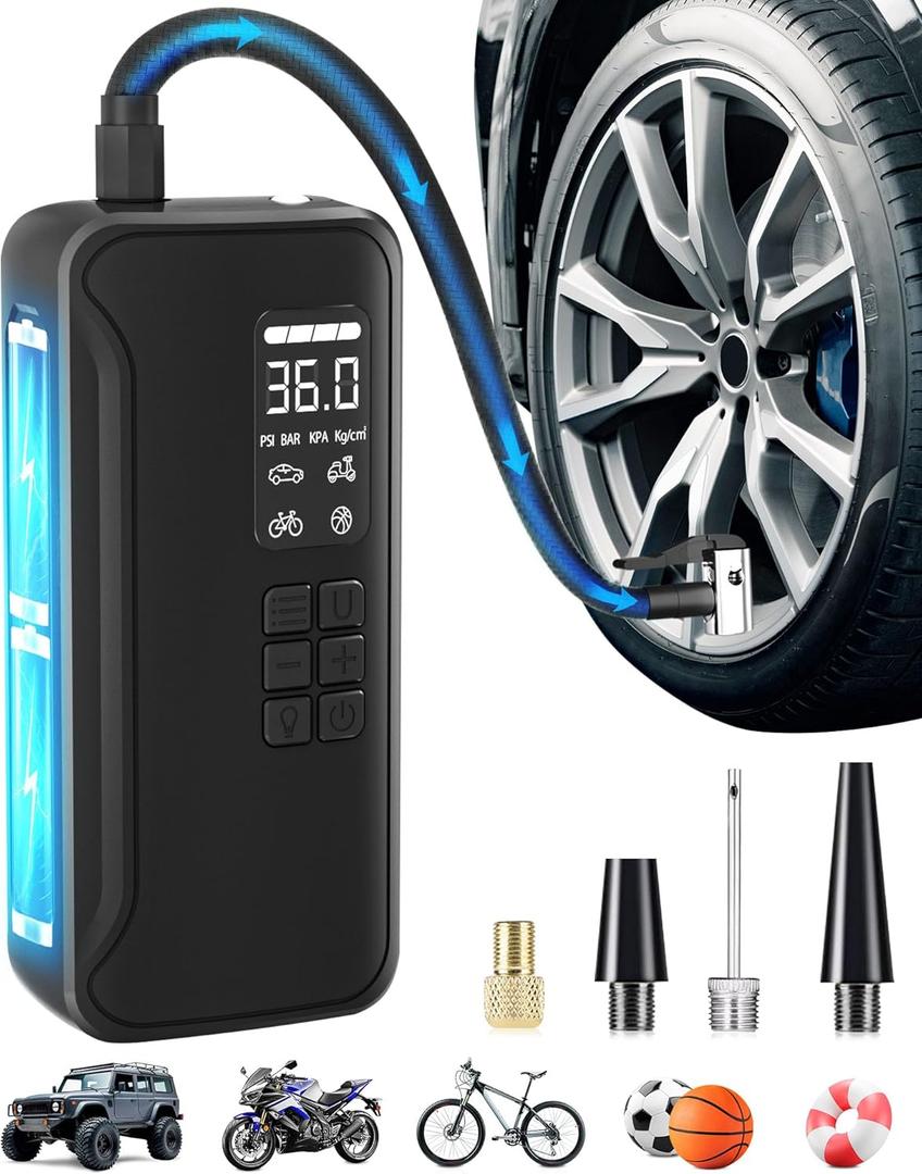 Tire Inflator Portable Air Compressor, 150PSI Air Pump for Car Tires with Digital Pressure Gauge, Cordless Auto Shutoff Tire Pump with LED Lights Air Pump for Cars, Bikes, Motorcycles,Balls (Black)