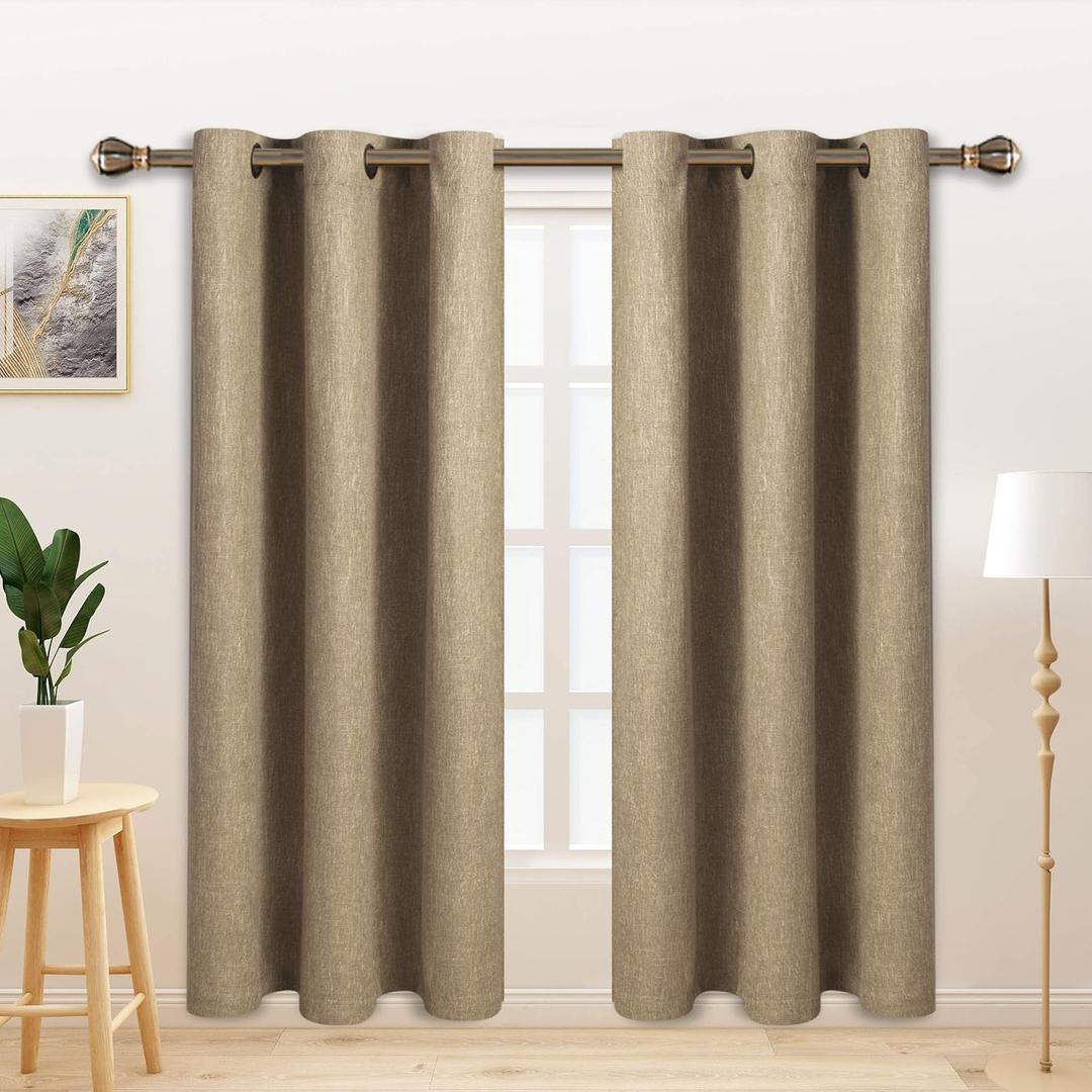 LORDTEX Linen Look Textured Blackout Curtains with Thermal Insulated Liner - Heavy Thick Grommet Window Drapes for Bedroom, 40 x 72 Inches, Tan, Set of 2 Panels