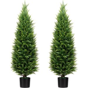4FT Artificial Cedar Topiary Trees UV Resistant Potted Plant Set of 2 Faux Pine Trees Fake Shrubs Artificial Plants for Front Porch Garden Indoor Outdoor (Green)