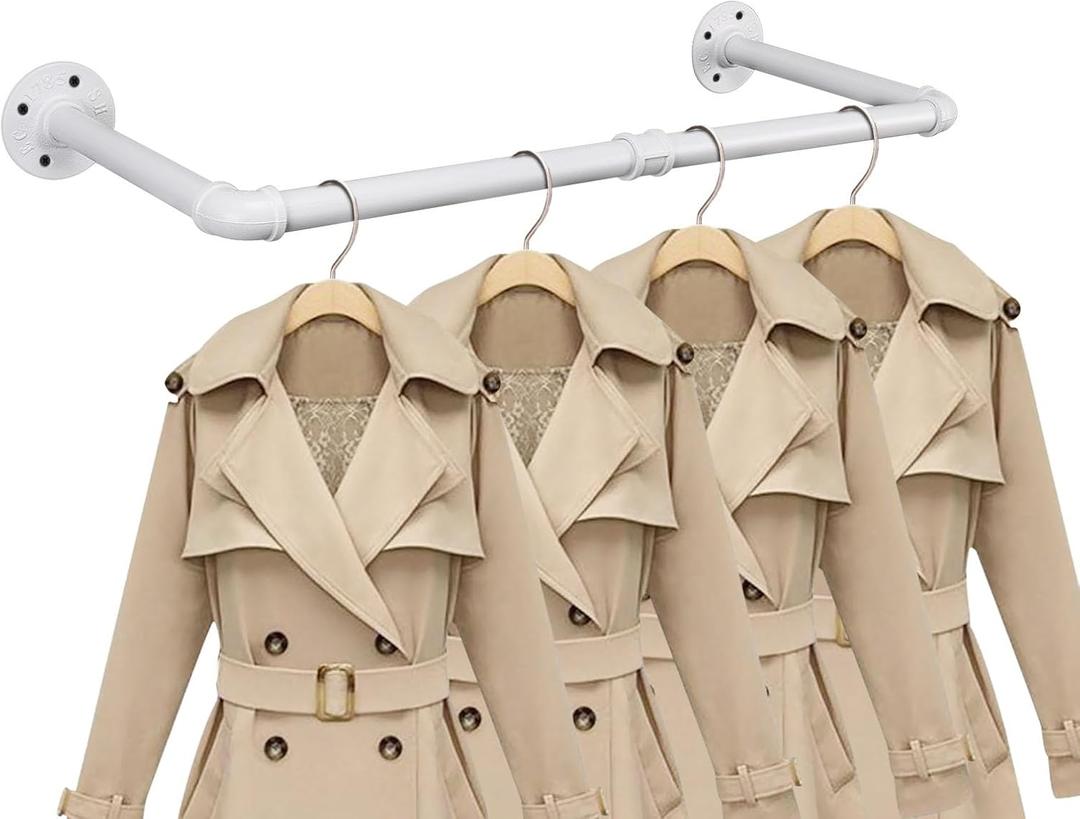 Industrial Iron Pipe Clothes Hanging Bar DIY Wall-Mounted Garment Rack Heavy Duty Clothing Rack for Bedroom, Laundry Room, Closet Storage (White 24 inch)