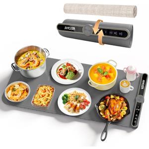 Warming Mat for Food, Fast Heating Electric Food Warmer with 9 Level Temperature and 6 Hours Timer, Extra Large Roll Up Silicone Food Warming Mat, Portable Warming Trays for Buffets Party (Grey) (32x15 Inch, Gray)