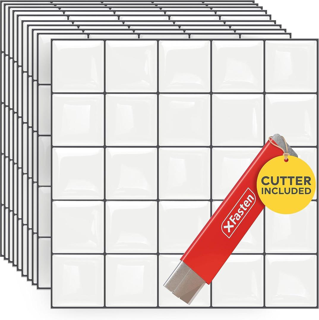 XFasten Square Peel and Stick Tiles - 10pcs 12' x 12' White Kitchen and Bathroom Backsplash