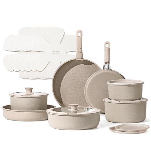 CAROTE 21pcs Pots and Pan Set Non Stick, Nonstick Induction Cookware, Detachable Handle Cook ware Set, Removable Handle, RV Oven Safe Cooking set, Taupe
