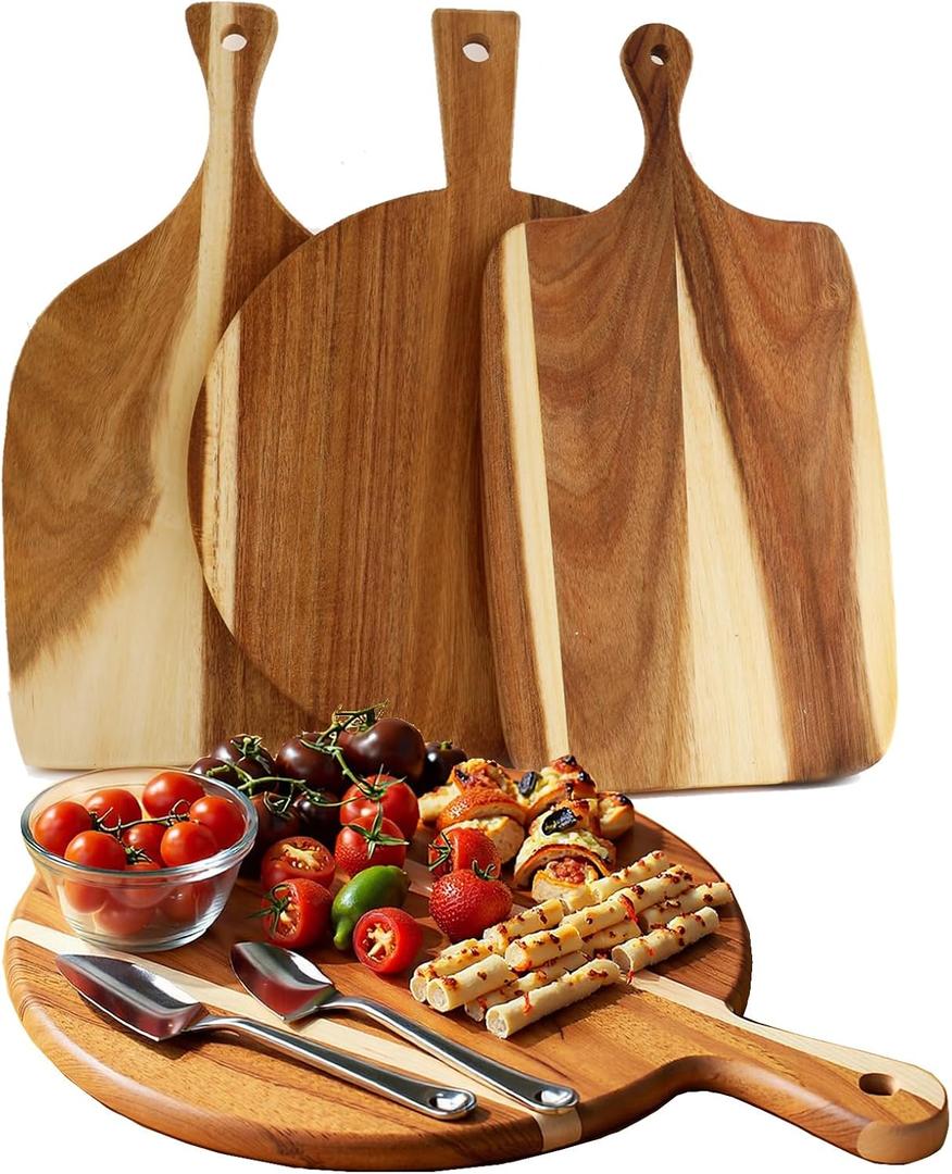 3 PACK Wood Charcuterie Cheese Board Set, Acacia Wooden Cutting Serving Board with Handle for Pizza Meat Fruit Bread Vegetables, Decorative Chopping Blocks