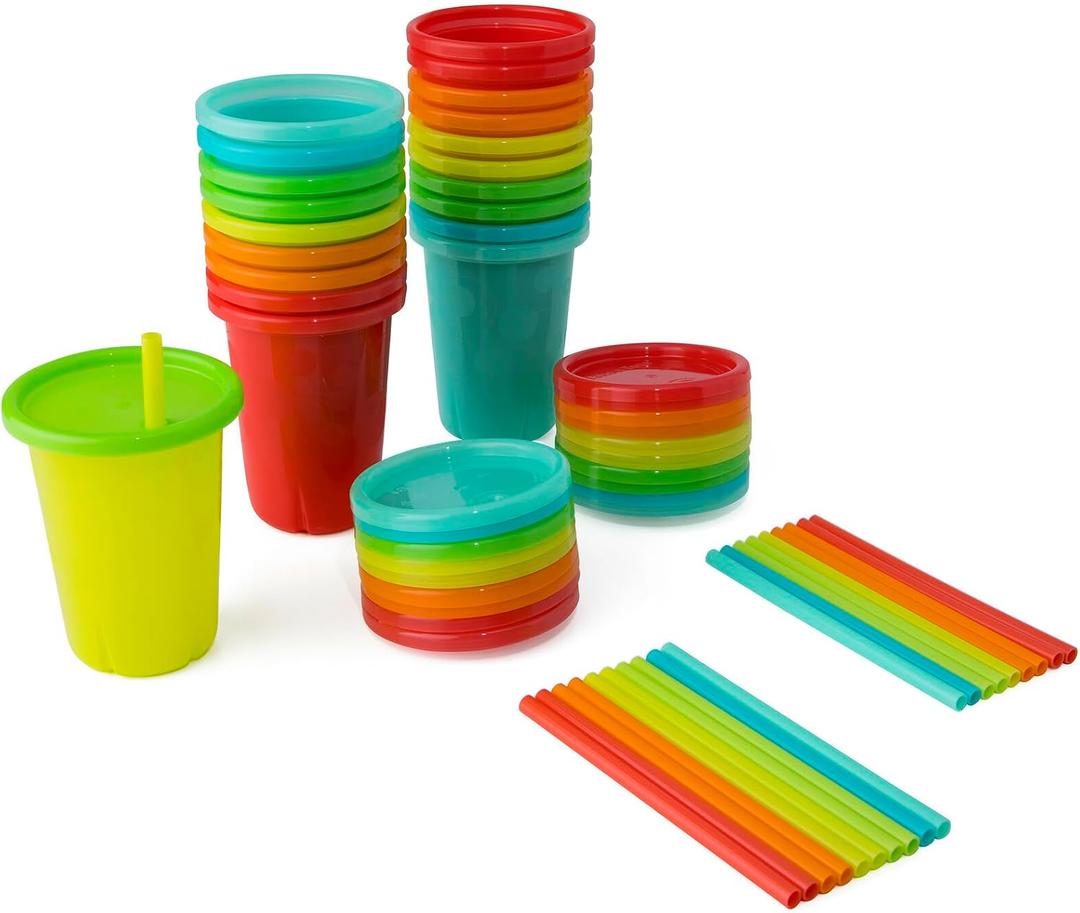 The First Years Take & Toss Straw Cups - Spill-Proof Kids Cups with Snap-On Lids and Straws - Portable and Dishwasher Safe Party Pack - Rainbow - 10 Oz - 20 Count - Ages 18 Months and Up