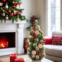 Small Christmas Tree with Red Berries Balls in Brown Pot, 17.7 inch Snow Frosted Artificial Mini Christmas Tree, Flocked Christmas Artificial Pine Tree in Tin Planter Christmas Decor