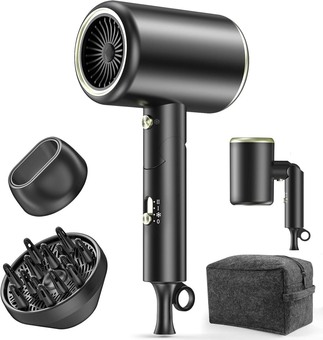 Hair Dryer, 150000RPM Ionic Blow Dryer - Fast Drying, Low Noise, Foldable Portable with Diffuser and Nozzle, Compact Mini for Women and Men, Home and Travel(Black)
