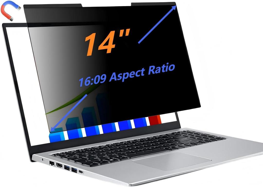 14-inch Magnetic Privacy Screen, Suitable for Laptops with a 16:9 Removable Anti-Glare Filter, Reduces Blue Light/Compatible with HP, Dell, Acer, Asus, Samsung, Lenovo and Other Laptops