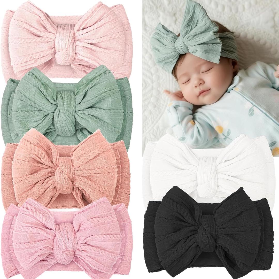CLLOT 6 Pcs Baby Bows Headbands Nylon Hairbands Baby Girl Bows Hair Accessories for Newborn Infant Toddler Essentials (Avocado Series) (Light Colors)