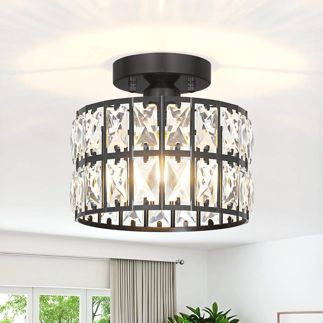 Lxybcce Crystal Ceiling Light Fixture, Modern Matte Black Crystal Chandelier, Small Semi Flush Mount Ceiling Lighting, Round Hallway Lighting for Kitchen Entryway Bedroom Bathroom, 1-Light, 9 Inch
