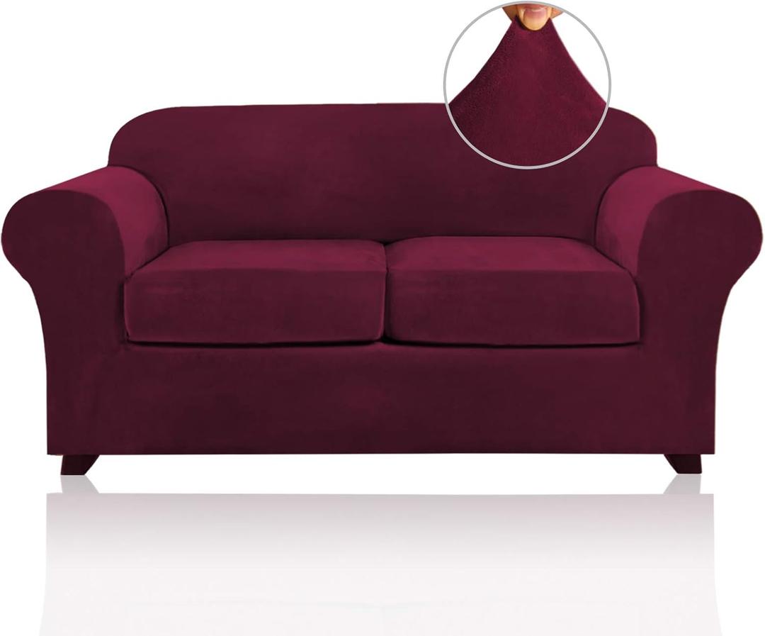 PrinceDeco Velvet Couch Cover Loveseat Covers for 2 Cushion Couch 3 Piece Sofa Covers for Dogs Washable Loveseat Covers Width Up to 72 Inch No Slip Stretch Sofa Slipcover(Medium, Burgundy)