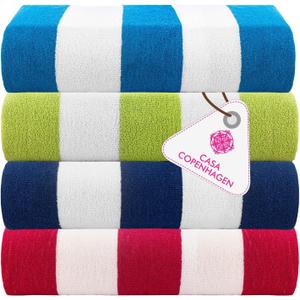 Casa Copenhagen Cabana Towel 4Pcs Blue,Pink,Green,Teal Designer Stripe Beach Towels Gift Set, 30"x60" Oversized 100%Cotton Pool Bath Towel for Beach Gift Set (Perfect Summer Gift Set For Women & Men)