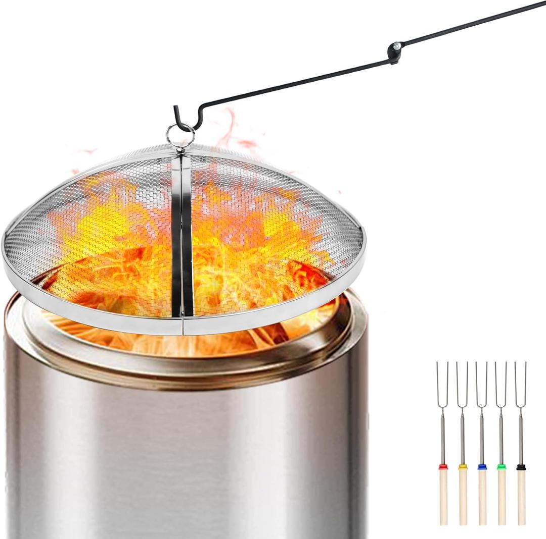 Fire Pit Spark Screen Compatible with Solo Stove Yukon, 27 inch Stainless Steel Mesh Fire Pit Screen Shield for Solo Stove Yukon Accessories with Fire Poker & Toasted Marshmallow Sticks