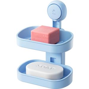 TAILI Soap Holder Soap Dish for Shower, Suction Cup Soap Holder for Shower Wall, Bathroom Accessories, Removable Strong Hold Soap Saver, Drill Free Double Soap Dish, Blue 2 Layer