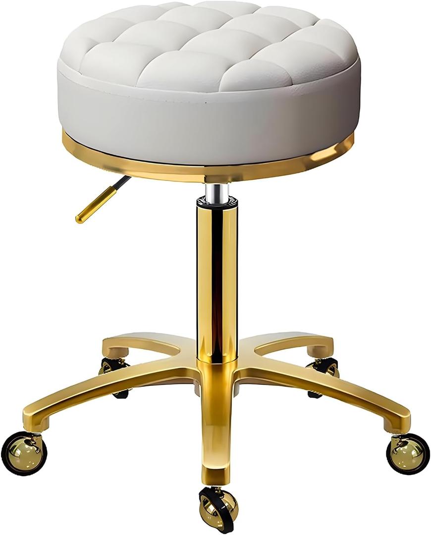 Gold Rolling Stool, Round Roller Swivel Chair, Pedicure Salon Spa Massage Chair with Wheels, PU Leather Seat Padded, Adjustable Vanity Stool 43-55 cm (White)(1 wheel missing)